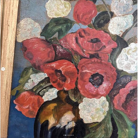 Vintage Flower Painting Red Poppy Poppies Floral Painted Wood Board Signed 14x18 - Picture 2 of 7